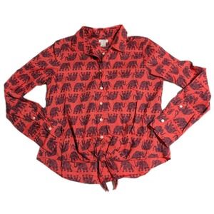J.Crew Elephant Print Button Up Shirt Womens XS Red Tie Front Long Sleeve